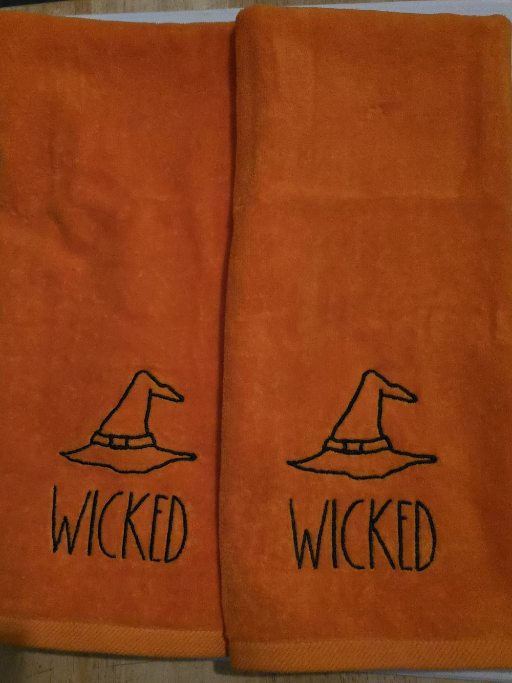 Rae Dunn Orange 'WICKED' Witch Hat Bathroom Hand Towels